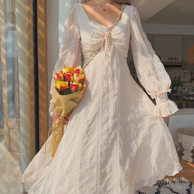 New 2022 Vintage Fairy Chiffon Long Dress Women White Elegant