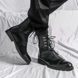 Men Short Boots Brown PU Round Head Low Heel Wing Tip Lace Up Fashion Versatile Casual Street Outdoor Daily Dress Shoes