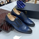 2022 New Genuine Leather Men's Dress Shoes Handmade Office Business Wedding Blue Black Luxury Lace Up Formal Oxfords Mens Shoes
