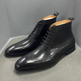 Classic Calfskin Leather Mens Ankle Boots Wing Tip Toe Lace Up Male Dress Formal Shoes Derby Basic Boots Handmade Comfortable