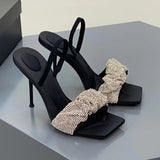 Hnzxzm European and American women's rhinestone high-heeled sandals square head and two-wear women's shoes