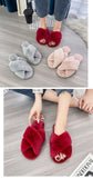 Hnzxzm Winter Women House Cross Band Slippers Fluffy Fur Fashion Warm Shoes Woman Slip on Flats Female Slides House Cozy Home Slippers