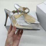 Hnzxzm European and American ladies summer new pointed high heels transparent rhinestone sexy fashion sandals