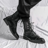 Hnzxzm Men Short Boots Brown PU Round Head Low Heel Wing Tip Lace Up Fashion Versatile Casual Street Outdoor Daily Dress Shoes