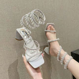 2022 Summer Fashion Snake Wrap Women Sandals Rhinestone Pendant Banquet Chunky High Heel Sandals Wedding Shoes