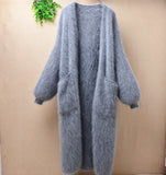 Elegant casual winter long loose brown thicken mink cashmere long lantern sleeves angora rabbit fur cardigan sweater coat wrap