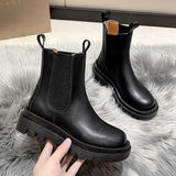 Hnzxzm Chelsea Boots Chunky Boots Women Winter Shoes PU Leather Plush Ankle Boots Black Female Autumn Fashion Platform Booties