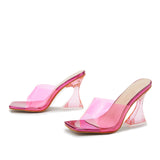Yeknu Summer Women Slippers Fashion Sexy Square Head PVC Transparent  Heel High Heels Temperament Party Shoes
