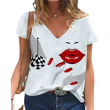 Hnzxzm V Neck Tshirt Women&#39;s Summer Casual Oversize Print Shirt Tops Loose Vintage Female Tee Streetwear Y2K Short Sleeve Clothes S-5XL