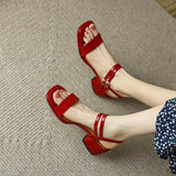 Hnzxzm New Women Sandals Fashion High Quality Ladies Shoes Double Buckle Mid Heel Shoes for Female Solid Ankle Strap Dress Sandals