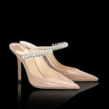 Hnzxzm European and American women's new pointed patent leather rhinestone half-drag high heels