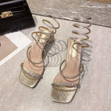 2022 Summer Women's Sandals Fashion Luxury Square Toe Club Rhinestone Snake Wrap High Heel Sandals Birthday Wedding Party Shoes