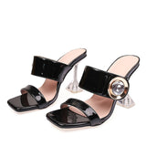 Hnzxzm 2023 New Transparent Heels 9CM Slippers Outdoor Fashion Metal Crystal Buckle Designer Sandal Women Slides Party Dress Shoe