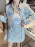 Hnzxzm Fall Winter Tweed Two Piece Set Women Crop Top Denim Stitched Short Jacket Coat + Skirts Sets High Quality Vintage 2 Piece Suits