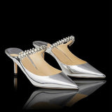 Hnzxzm European and American women's new pointed patent leather rhinestone half-drag high heels