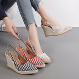 Hnzxzm Spring Summer Shoes Women High Heels Fashion Ladies Wedges Pointed toe Plaid Shoes Ladies Wedge Heel 11cm Big Size 42