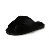 Hnzxzm Winter Women House Cross Band Slippers Fluffy Fur Fashion Warm Shoes Woman Slip on Flats Female Slides House Cozy Home Slippers