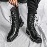 Men Short Boots Brown PU Round Head Low Heel Wing Tip Lace Up Fashion Versatile Casual Street Outdoor Daily Dress Shoes