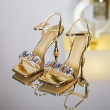 Hnzxzm Gold Silver High Heels Sandals Women Summer Square Toe Shiny Crystal Sandals Woman Ankle Straps Thin Heel Party Pumps Shoes