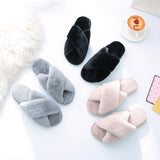 Hnzxzm Winter Women House Cross Band Slippers Fluffy Fur Fashion Warm Shoes Woman Slip on Flats Female Slides House Cozy Home Slippers