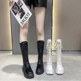 Women's Knee High Boots Lace-up Fashion Female Long Boots Platform Heel Zipper Style Ladies Casual Shoes Non-slip Motorcycle Big