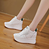 Genuine Leather Shoes Women Fashion Sneakers Flat Platform Shoes Women Flats Heigh Increasing 9cm Ladies White Shoes A4318