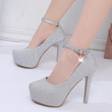 Fashion Wedding Shoes Women High Heels Women Pumps Bride Shoes Platform Super High Heel 12cm Black Silver A2177