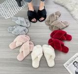 Hnzxzm Winter Women House Cross Band Slippers Fluffy Fur Fashion Warm Shoes Woman Slip on Flats Female Slides House Cozy Home Slippers