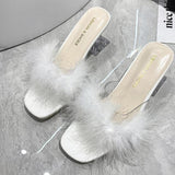 Hnzxzm New Summer Fluffy Peep Toe Sexy High Heels Women Shoes Fur Feather Lady Fashion Slip On Ytmtloy Indoor House Slippers