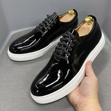 Men Casual Shoes Genuine Patent Leather Black Lace Up Breathable Luxury Office Business Italian Style Flat Oxford Shoes for Men