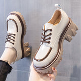 Hnzxzm British Style Chunky Platform Pumps Women Spring Lace Up Thick Heels Loafers Woman Round Toe Patent Leather Shoes