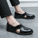 Hnzxzm Black Dress Patent Leather Sandals Summer Breathable Outdoor Handmade Men Loafers Fashion Comfortable Men Hollow Leather Shoes