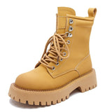 Hnzxzm Women's Ankle Boots Genuine Leather 2023 New Yellow Marton Boots Women Platform Lace-up Booties Women