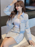 Hnzxzm Fall Winter Tweed Two Piece Set Women Crop Top Denim Stitched Short Jacket Coat + Skirts Sets High Quality Vintage 2 Piece Suits