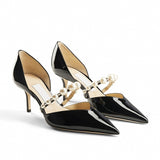 Hnzxzm New European and American women's high heels pointed pearl belt patent leather stilettos